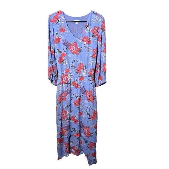 J Jill Dress Sz M Floral Resort Boho Tie Waist Layered Hem Floral Coastal Casual - Picture 1 of 14